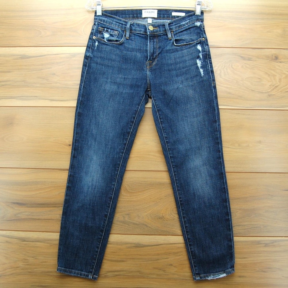 Frame Le Garçon Crop Jeans Womens 25 Blue Distressed Denim Mid‎ Rise Raw Hem USA